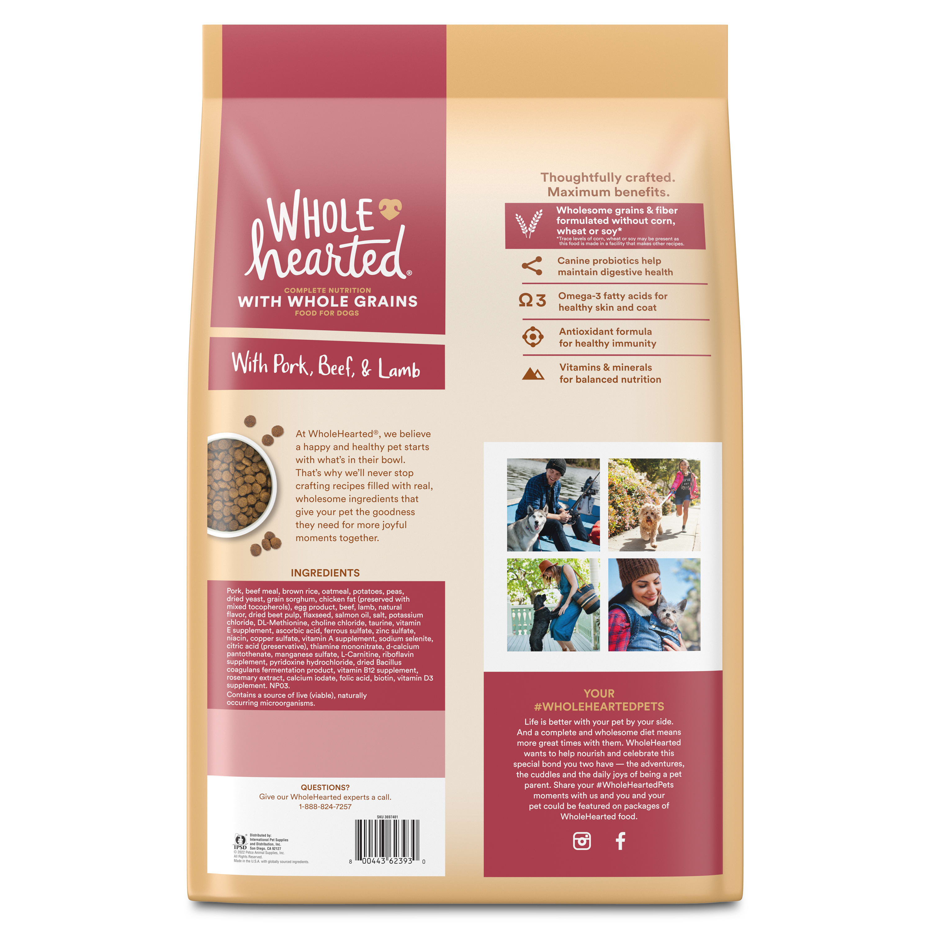 WholeHearted Whole Grains with Pork， Beef  Lamb Dry Dog Food， 45 lbs.