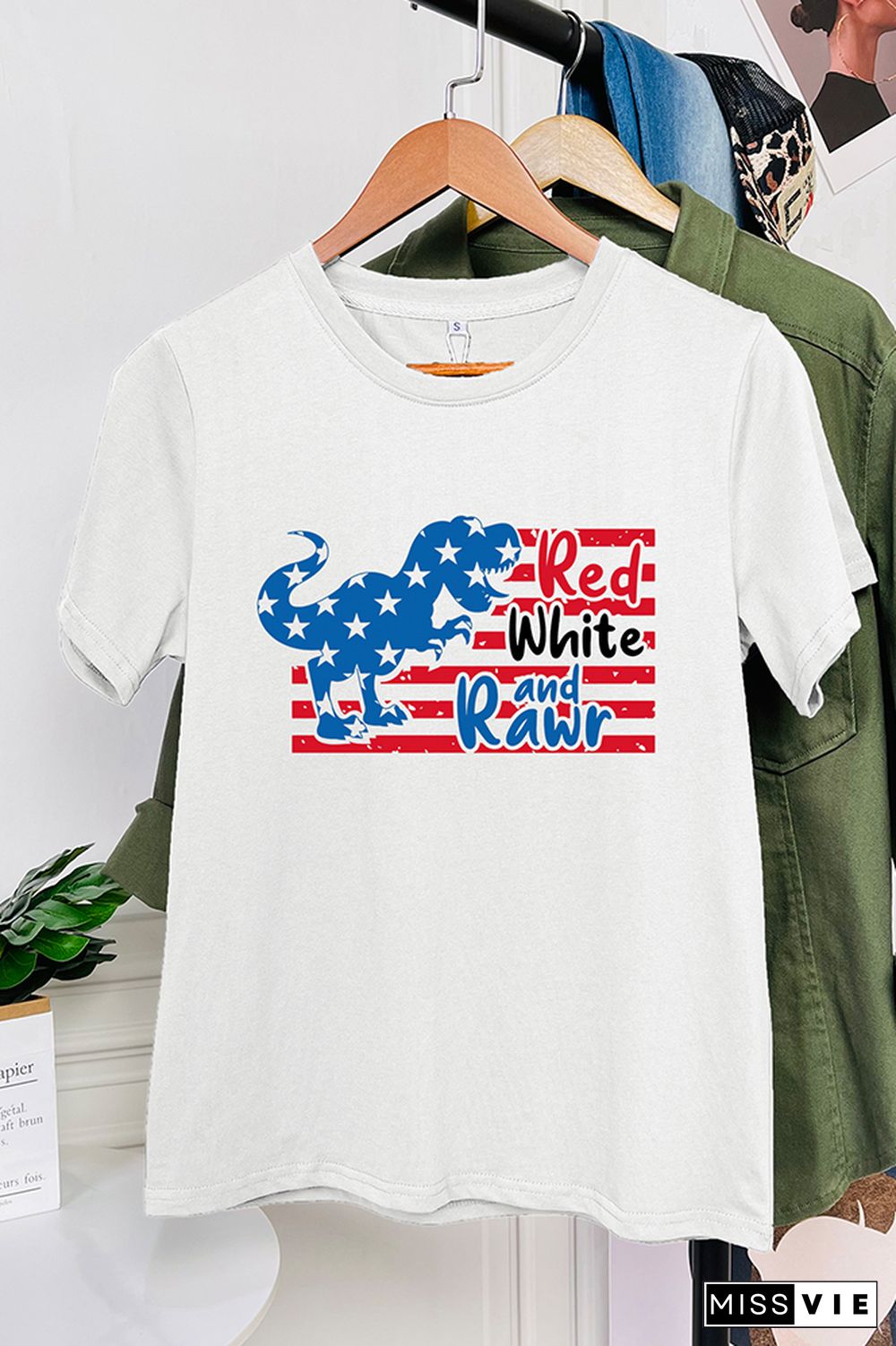 Red White And Rawr Print Summer Graphic Tee Wholesale