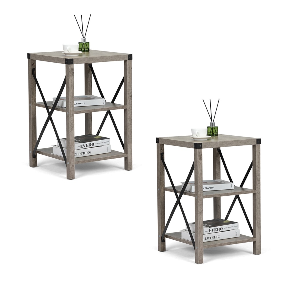 2pcs Farmhouse Side Table with 3-Tier Shelf and X-Shaped Metal Support