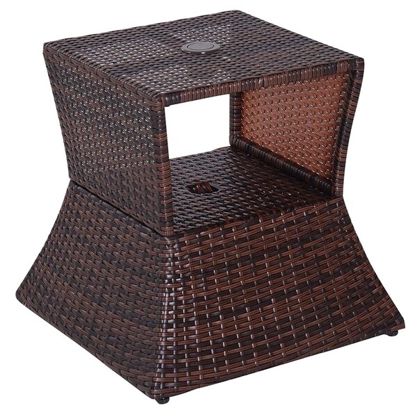 Outsunny Wicker Rattan Outdoor Patio Side Table with Umbrella Hole