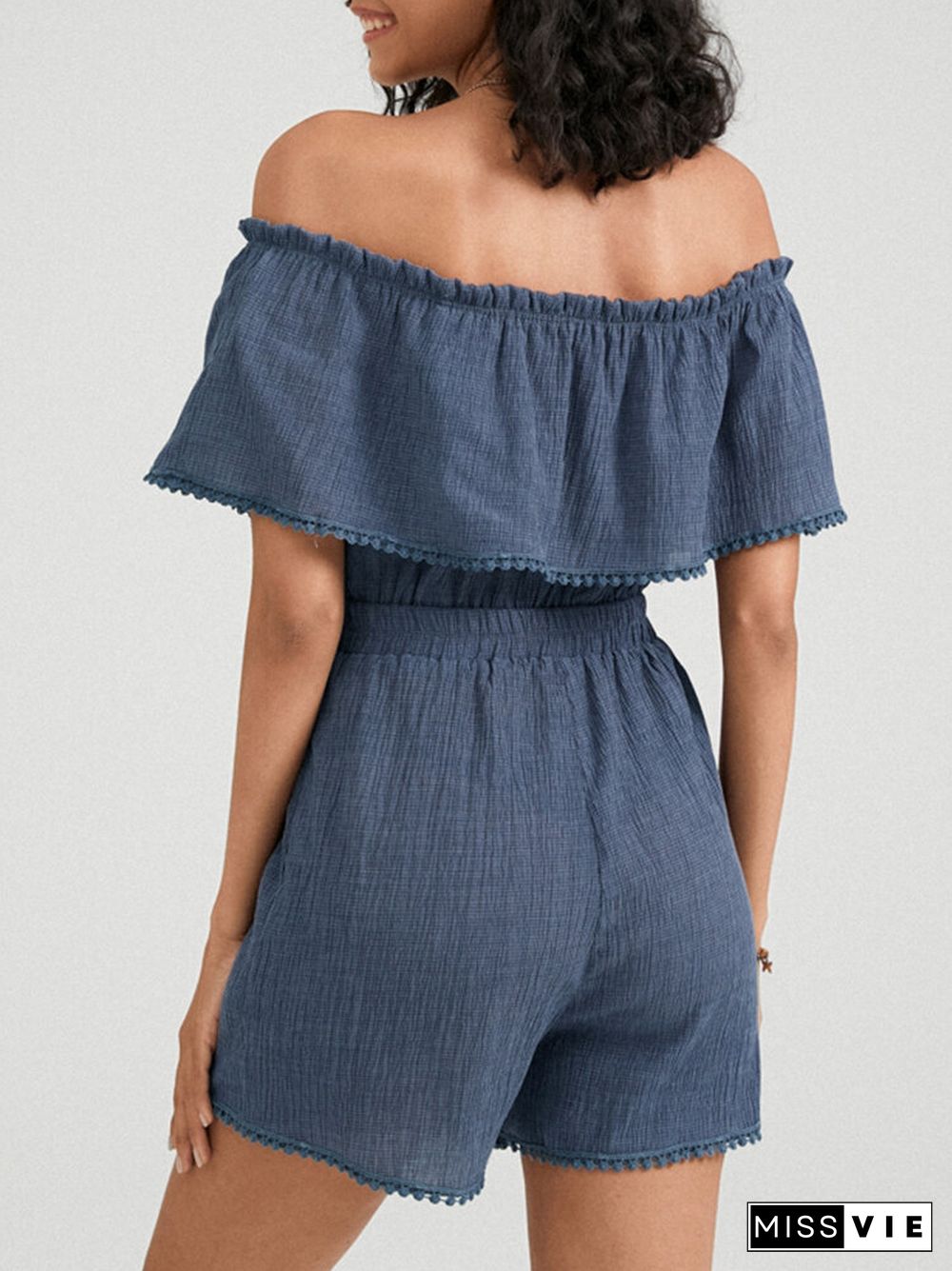 Ruffle Off Shoulder Solid Short Sleeve Women Romper