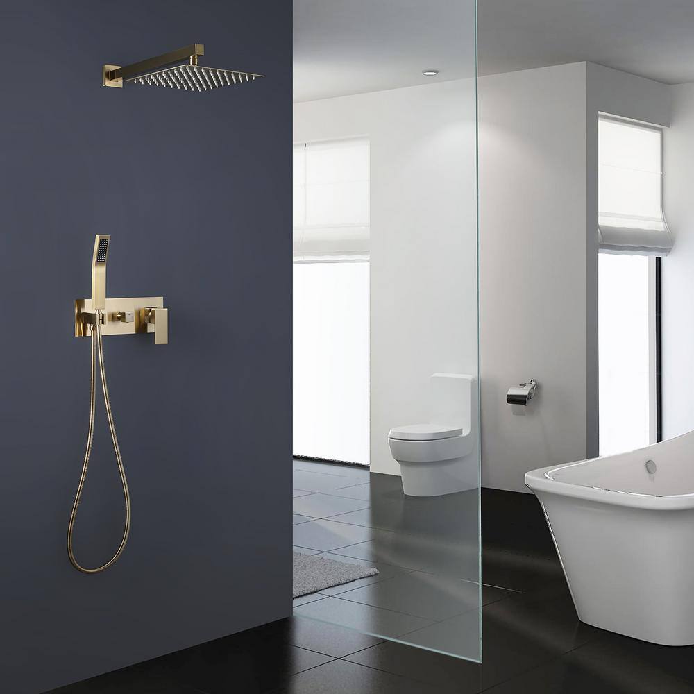 IHOMEadore 1-Spray Square Wall Bar Shower Kit with Hand Shower in Brushed Golden MD-RCS85003BBG