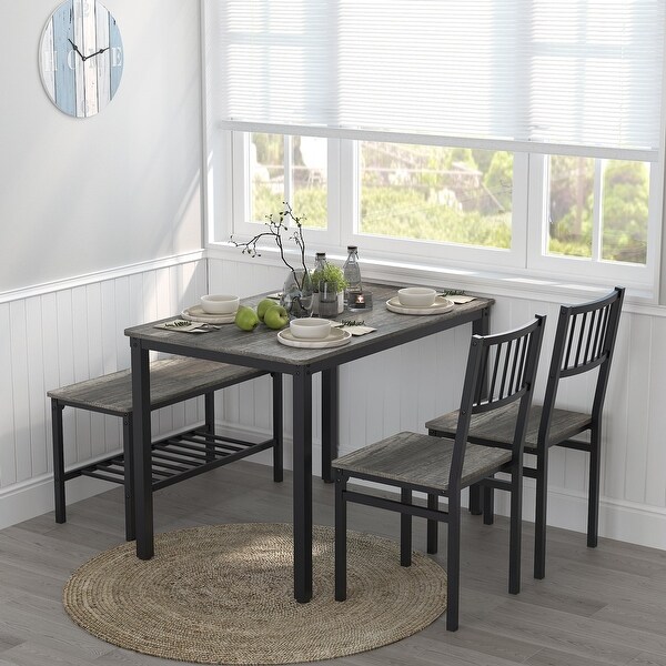 4-Piece Dining Table Set with Storage Rack， 43in Rectangular Kitchen Table with 2 Chairs and a Bench Dining Set