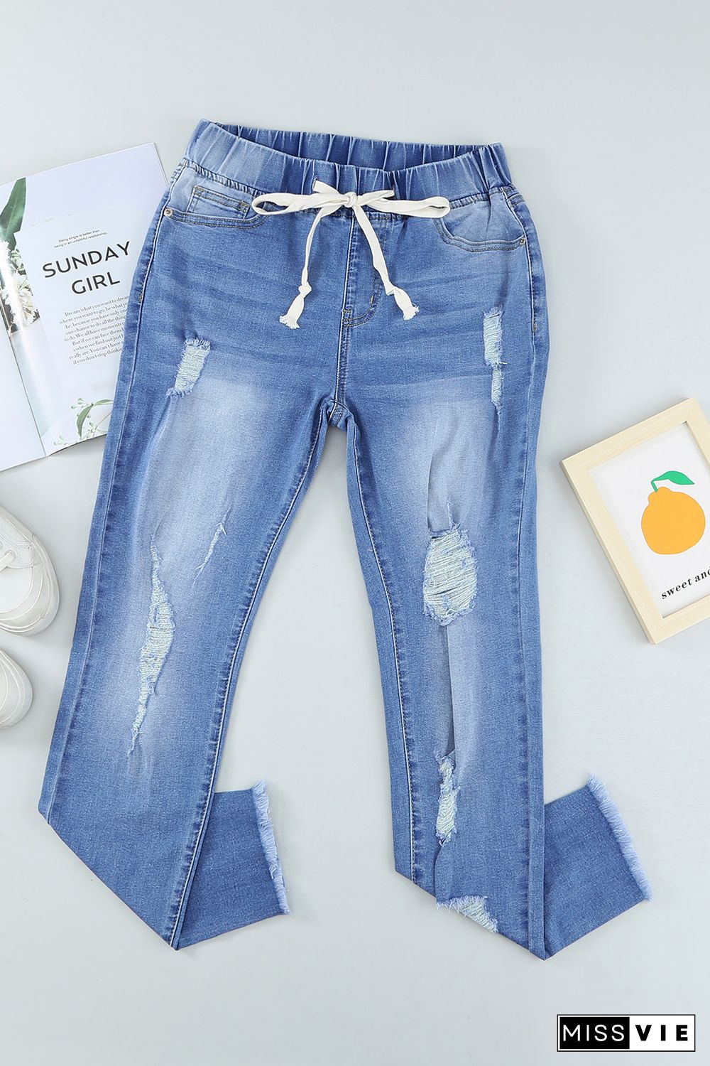 Sky Blue Drawstring Elastic Waist Hole Ripped Jeans