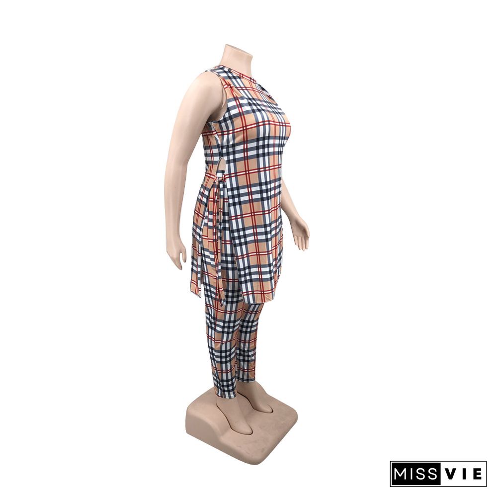 Plus Size Plaid Print Tank Tops Pencil Pants Sets