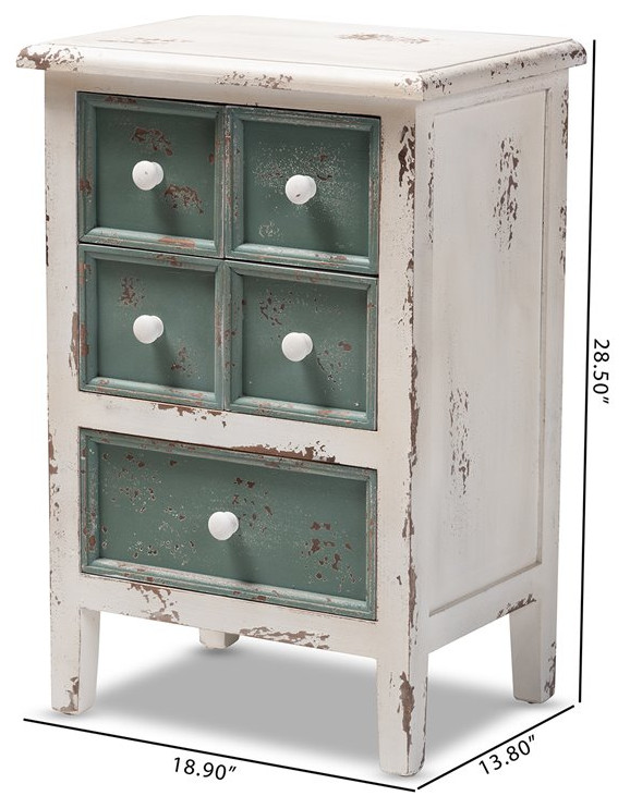 Bowery Hill 5 Drawers Farmhouse Wood End Table in White/Teal   Farmhouse   Side Tables And End Tables   by Homesquare  Houzz