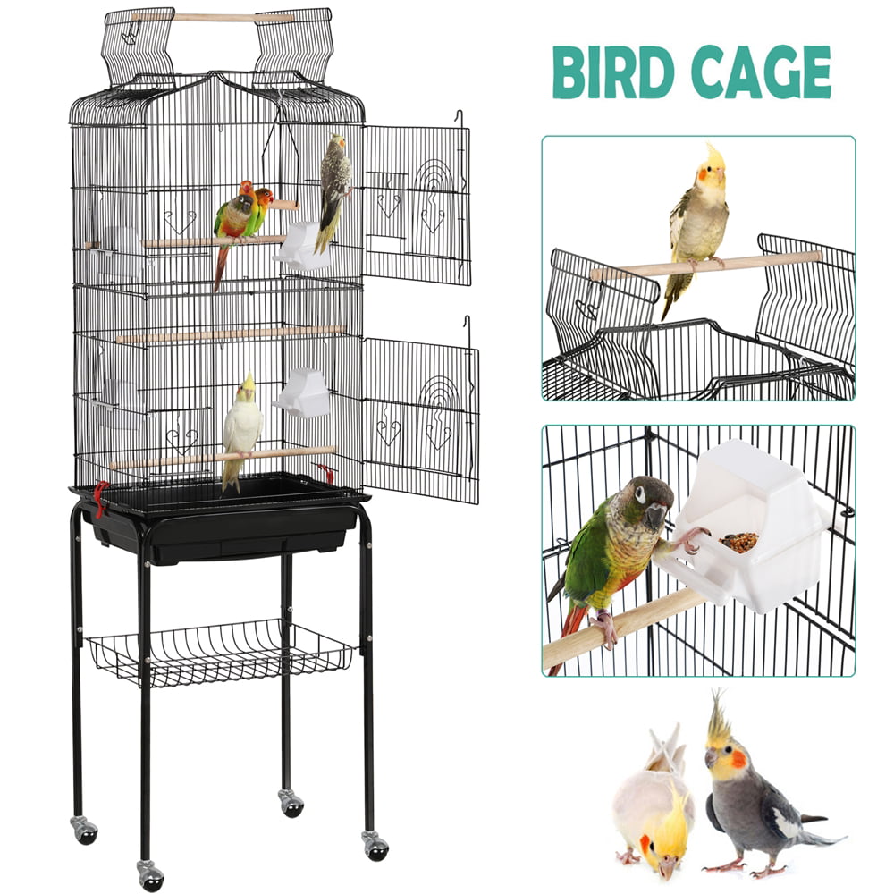 Easyfashion 64'' H Rolling Birdcage Parrot Cage with Open Top Black