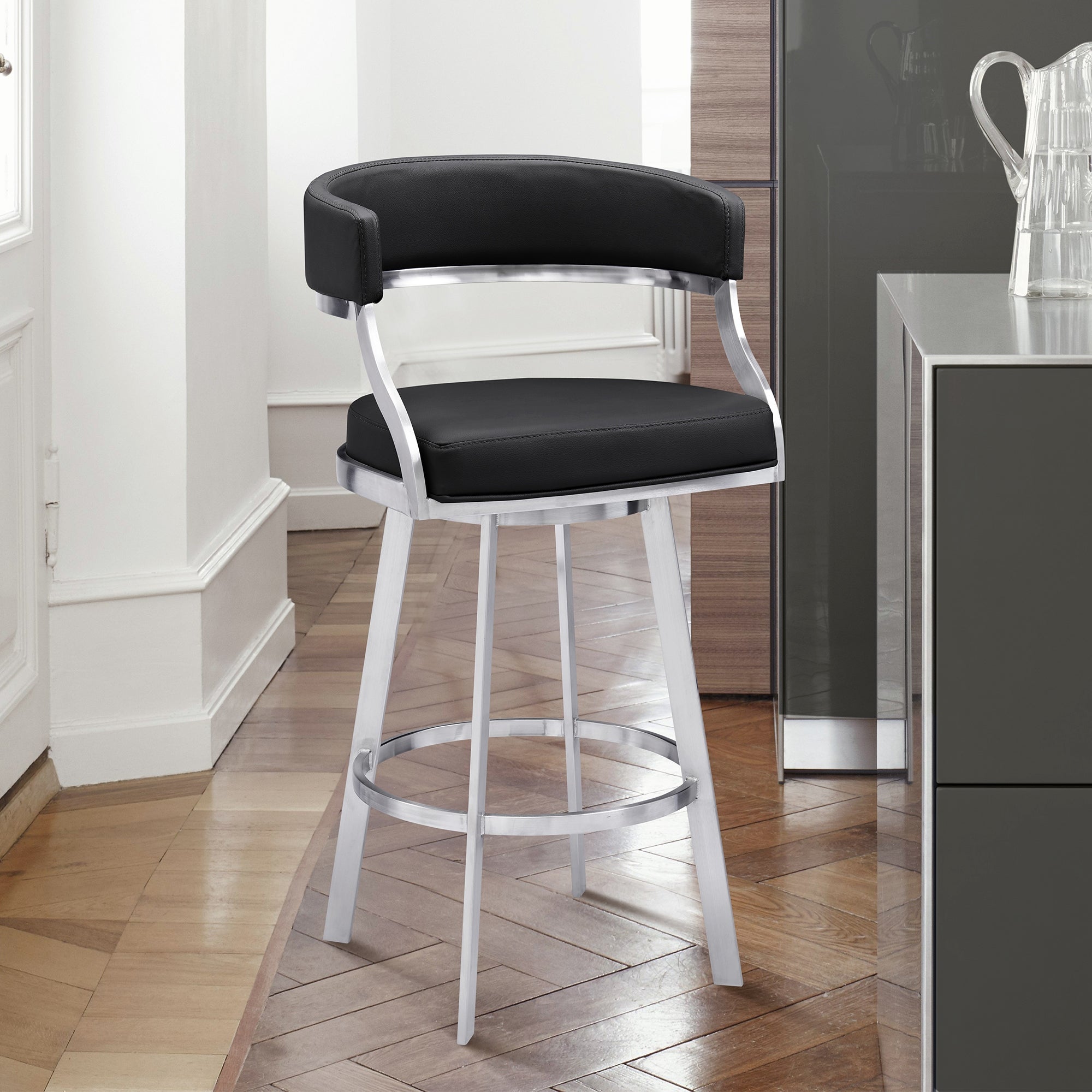 Armen Living Saturn Contemporary Barstool in Brushed Stainless Steel Finish and Black Faux Leather