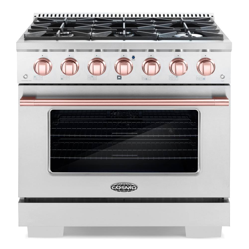 Cosmo 36 in. 4.5 cu. ft. Gas Range with 6-Burners in Stainless Steel with Rose Gold Custom Handle and Knob Kit COS-2PKG-173