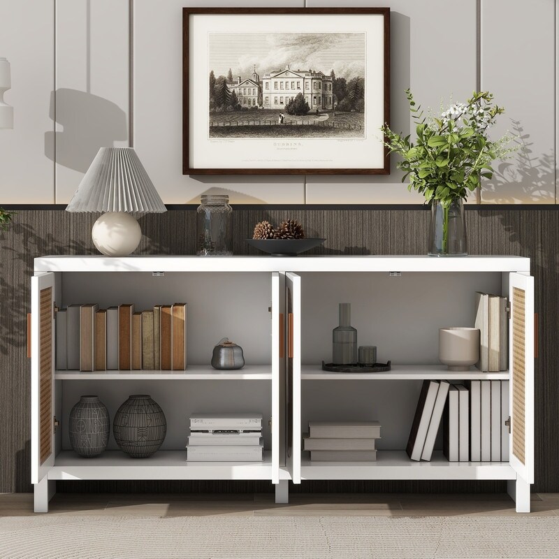 Modern TV Stand with Rattan Doors and Adjustable Shelves  Entertainment Center Media Console Table Storage Sideboard Cabinet