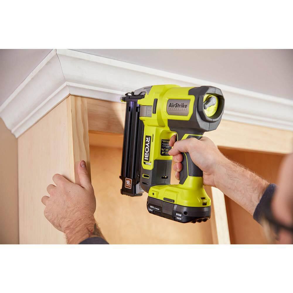 RYOBI ONE+ 18V 18-Gauge Cordless AirStrike Brad Nailer with 4.0 Ah Battery and Charger P321K1N