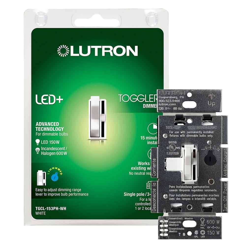 Lutron Toggler LED+ Dimmer Switch for Dimmable LED and Incandescent Bulbs 150W LEDSingle-Pole or 3-Way White (TGCL-153PH-WH) TGCL-153PH-WH