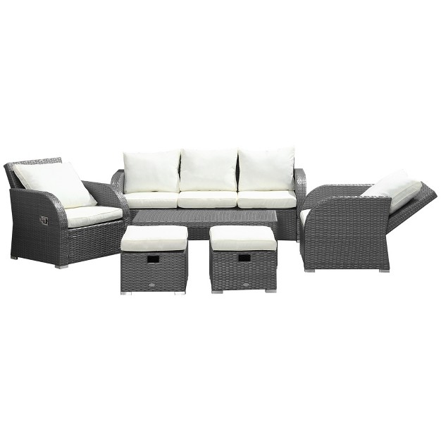 Outsunny 6 piece Outdoor Rattan Patio Sectional Sofa Set With 3 seat Couch 2 Recliners 2 Ottoman Footrests Coffee Table Conversation Set