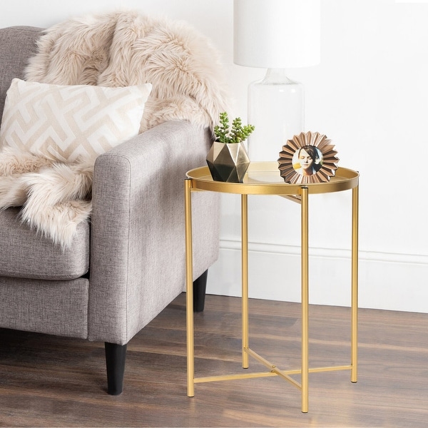 Adeco Gold End Table Metal Waterproof Snack Beside Table Accent Coffee Table - 16.9