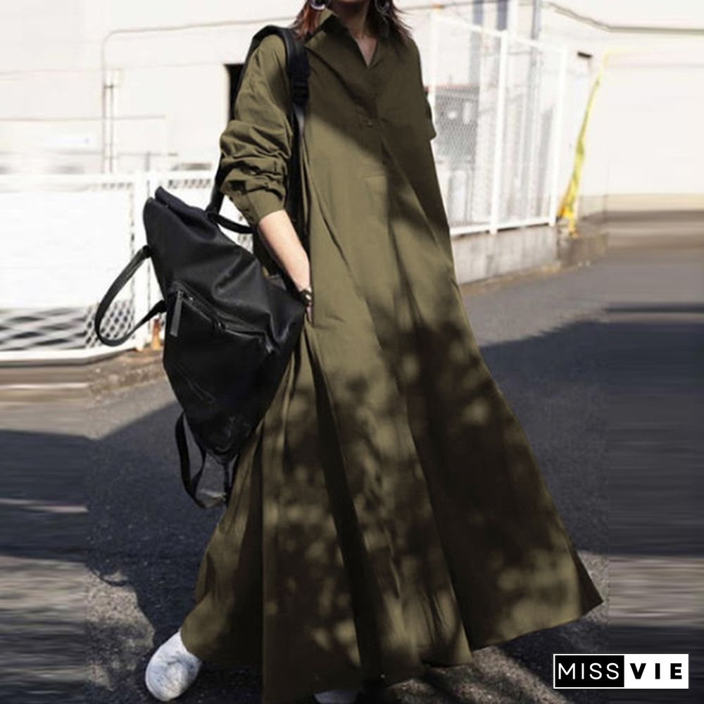 Women Turn-Down Collar Long Sleeve Shirt Dress Loose Plain Maxi Blouse Dresses