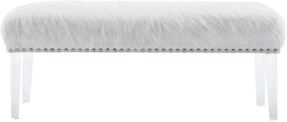 Andeworld Modern White Faux Fur Ottoman Bench Upholstered Bench for Bedroom/Living Room/Entryway Decorative Accent Bench with Acrylic Legs