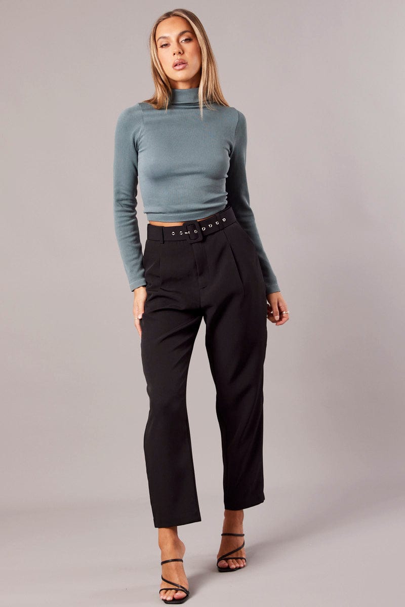 Black Tapered Pants High Rise Belted