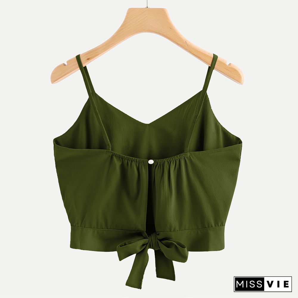 Sexy Tops Womens Tank Top Summer Bow Tie Crop Top Female V Neck Soild Color Camisole Thin Shoulder Strap Womens Tube Top