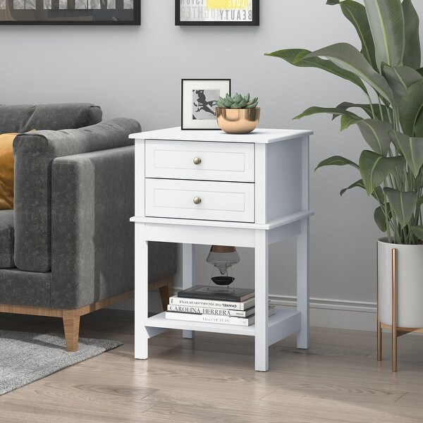 HOMCOM Modern Sofa Side Table with 2 Storage Drawers，End Table with Bottom Shelf for Living Room or Office