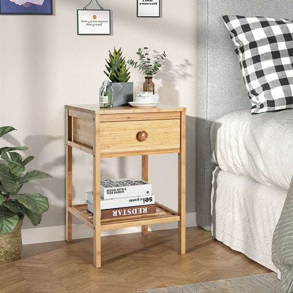 Gymax Bamboo Nightstand Natural Side End Table w/Drawer for Living