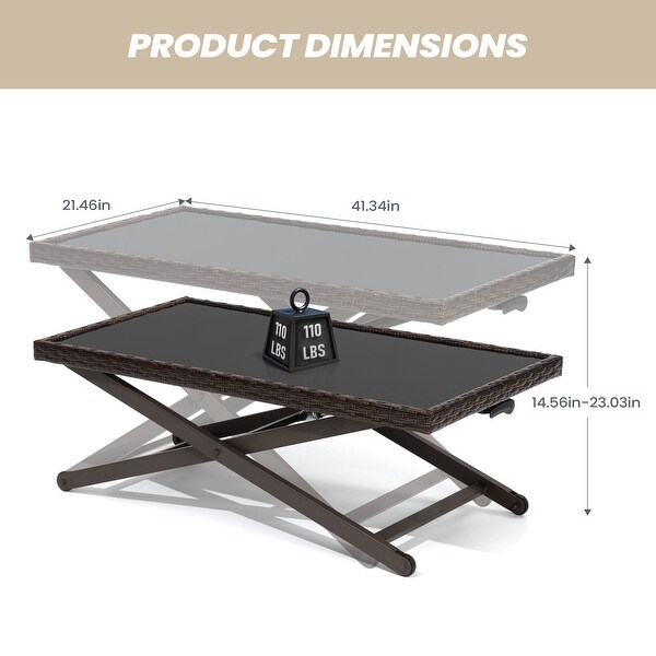 Pellebant Outdoor Coffee Table Adjustable Height Tempered Glass Tabletop