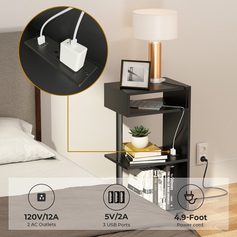 End Table with Charging Station  4 Tier Narrow Side Table with USB Ports and Outlets  Rolling Slim Bedside Table forSmall Spaces