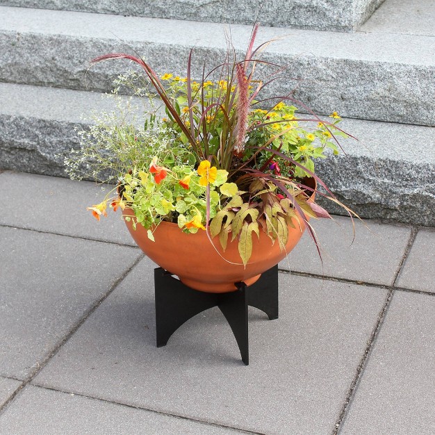 Wide Galvanized Steel Planter Bowl With Black Wrought Iron Plant Stand Burnt Sienna