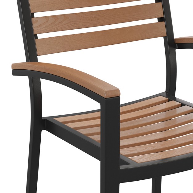 Emma And Oliver Set Of 2 Stackable All weather Black Aluminum Patio Chairs With Faux Teak Slats