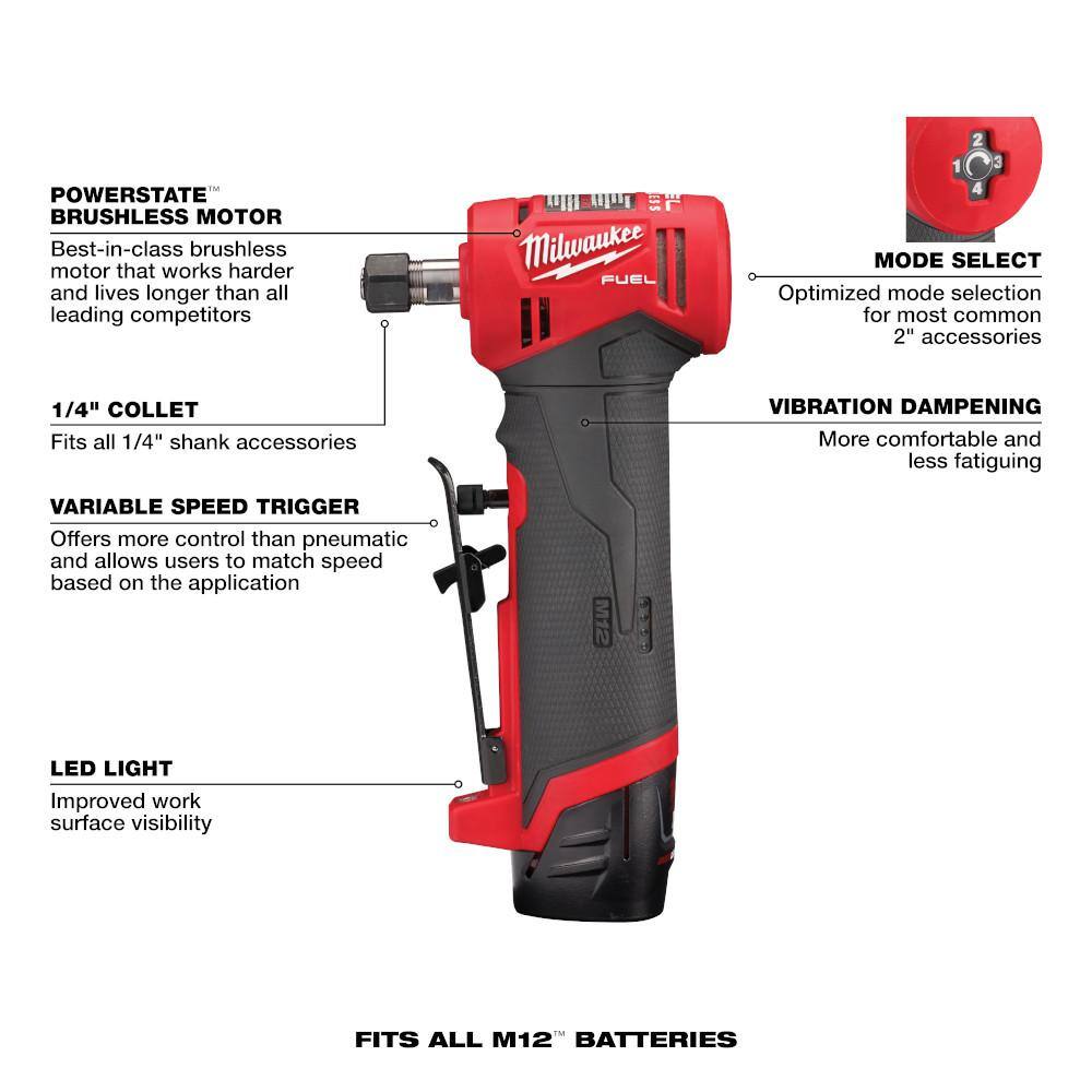 MW M12 FUEL 12-Volt Lithium-Ion 14 in. Cordless Right Angle Die Grinder Kit with M12 Oscillating Multi-Tool 2485-22-2426-20