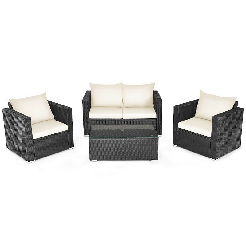 4 Pieces Patio Rattan Conversation Set with Padded Cushion and Tempered Glass Coffee Table