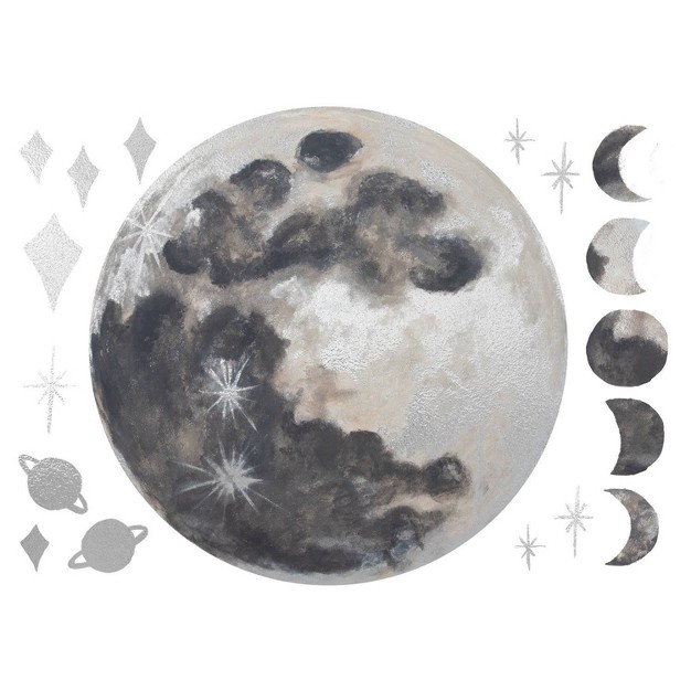 Moon Peel And Stick Wall Decal With Metallic Silver Ink Gray Roommates