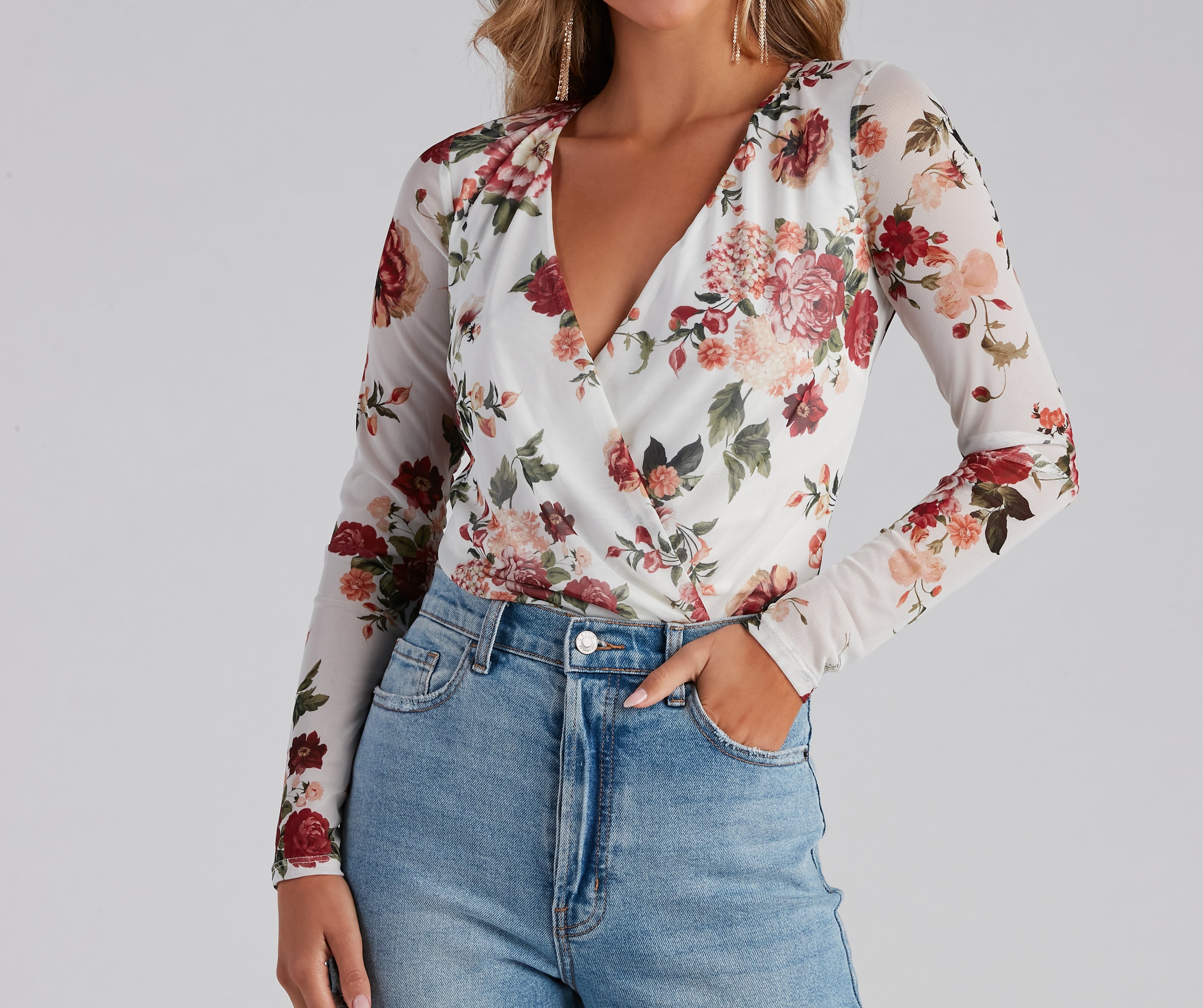 Natural Bloom Mesh Floral Surplice Bodysuit