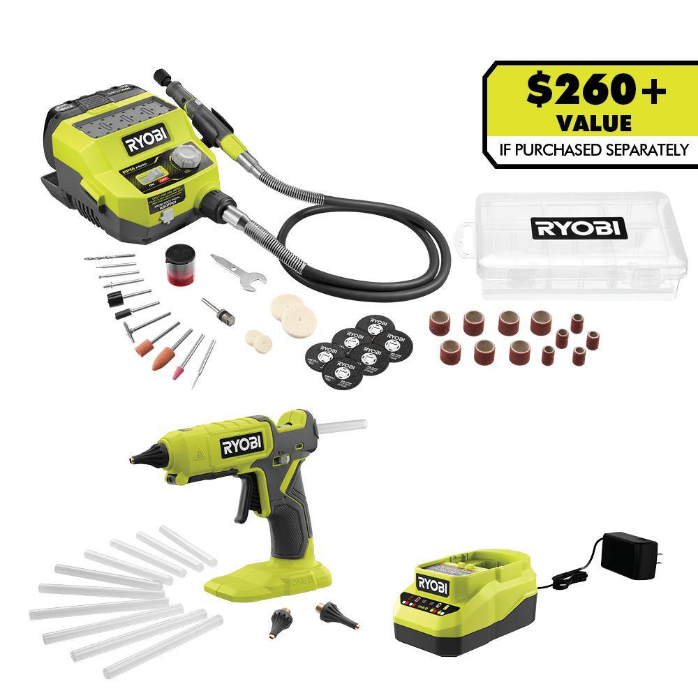 RYOBI ONE+ 18V Cordless 2- Tool Combo Kit with Rotary Tool Station Dual Temperature Glue Gun 2.0 Ah Battery and Charger PCL1205K1