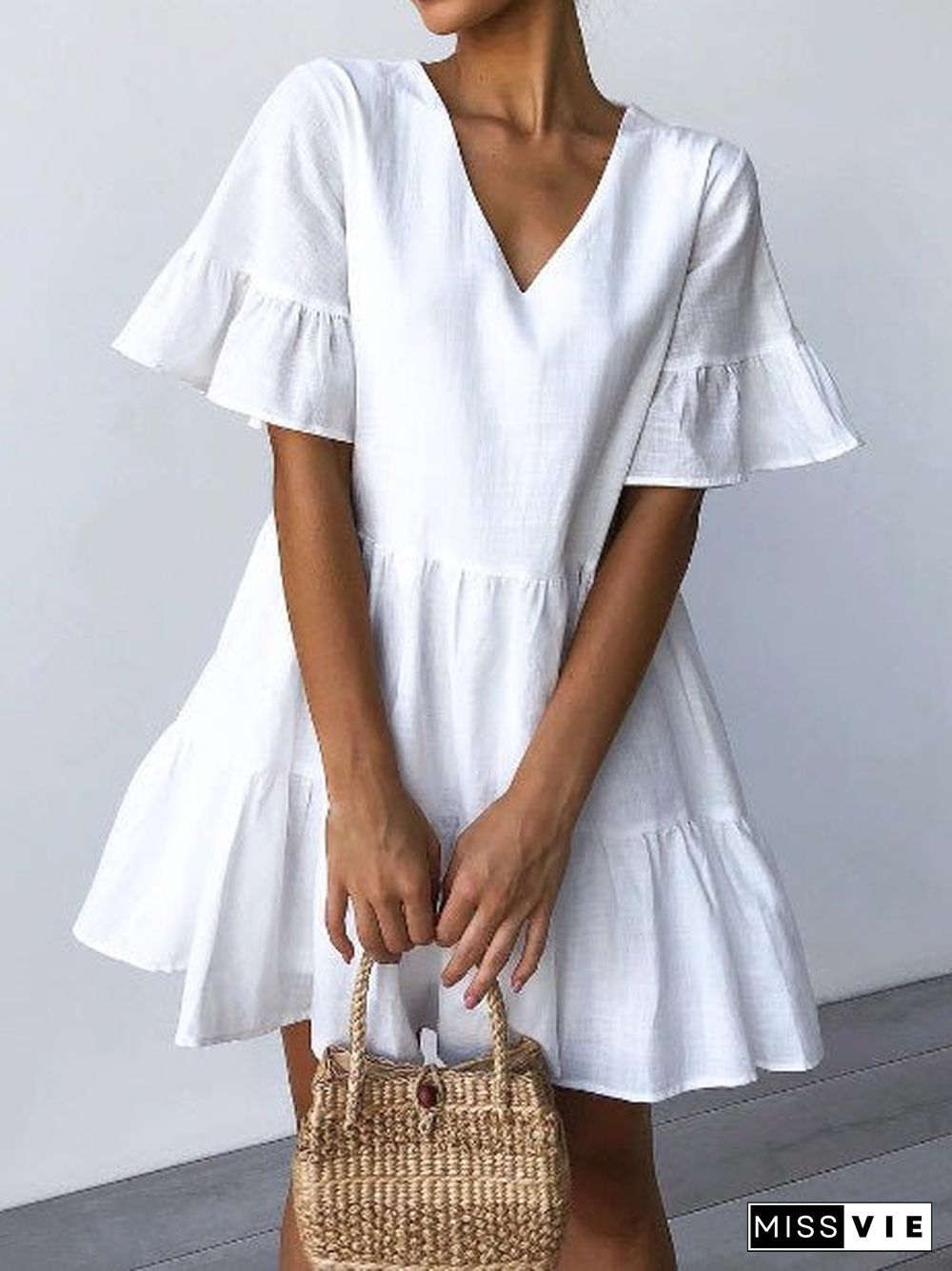 Women'S Dresses V-Neck Short Sleeve Ruffle Dress