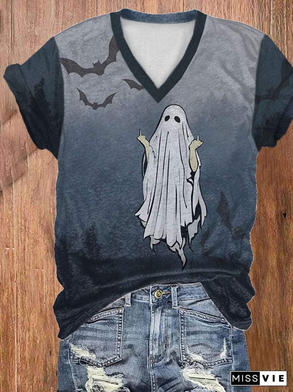 Women's Casual Ghost Art Printed Short Sleeve T-Shirt