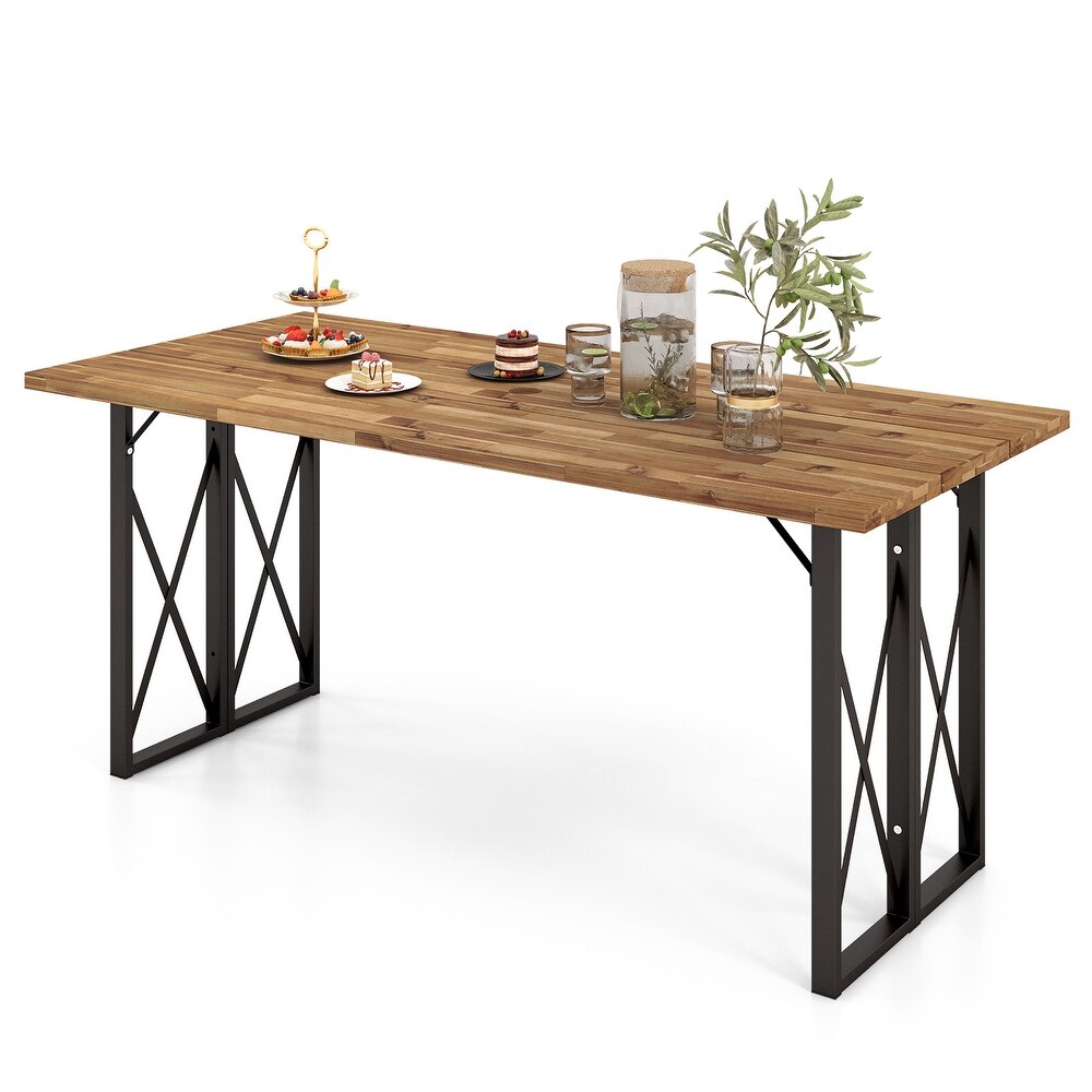 67 Inch Patio Rectangle Acacia Wood Dining Table with Umbrella Hole   67\