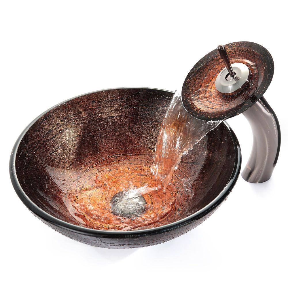 KRAUS Glass Vessel Sink in Copper Illusion with Single Hole Single-Handle Low Arc Waterfall Faucet in Oil Rubbed Bronze C-GV-580-12mm-10ORB