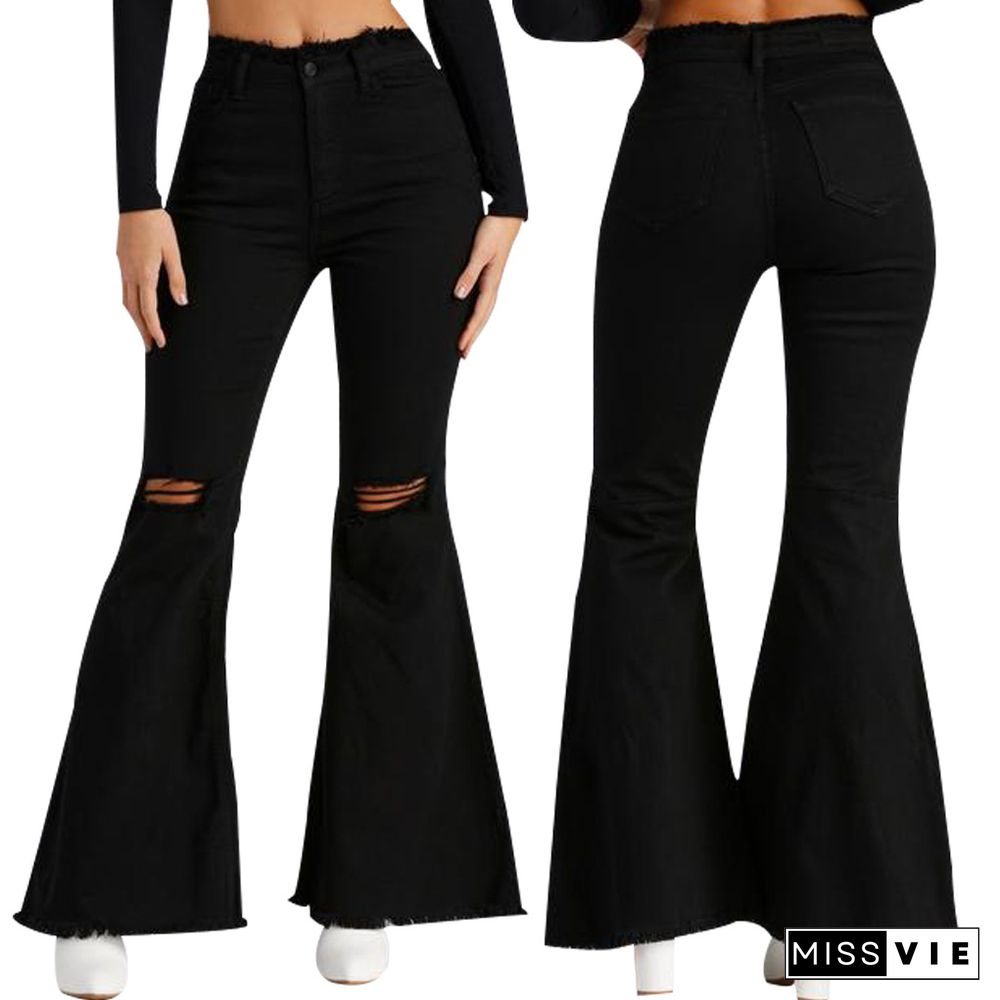 Plus Size Ripped High Waist Flare Denim Pants