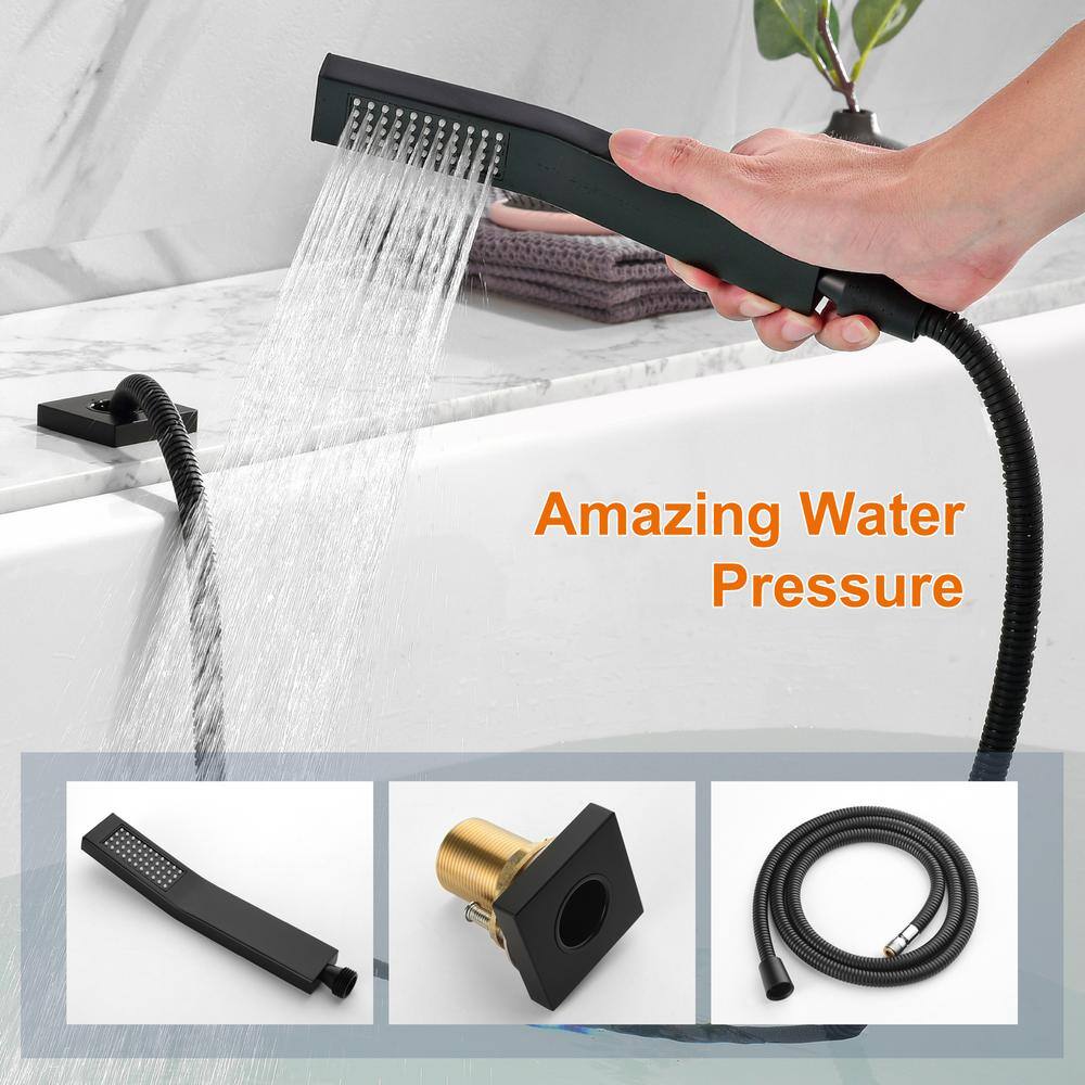 Zalerock Waterfall Single-Handle Deck-Mount Roman Tub Faucet with Hand Shower in Matte Black SSLTC0502B