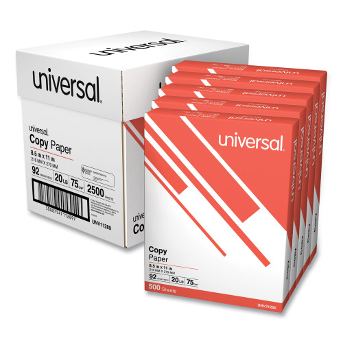 Universal Copy Paper Convenience Carton， 92 Bright， 20lb， 8.5 x 11， White， 500 Sheets/Ream， 5 Reams/Carton (11289)