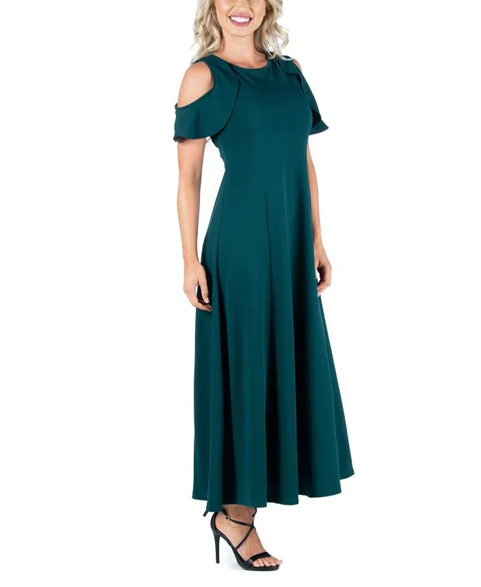 Women's Ruffle Cold Shoulder A-Line Maxi Dress