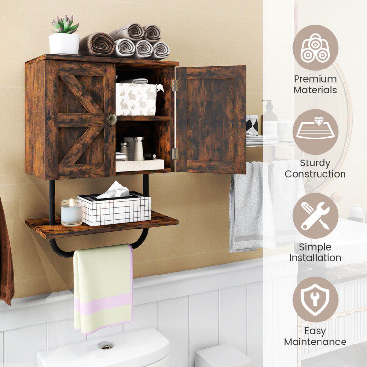 Forclover Bathroom Cabinet Wall Mounted Medicine Cabinet with Double Doors, Open Shelf, Towel Rack, Toilet Spacesaver for Bathroom, Living Room, Kitchen, Above Toilet Storage Cabinet, Rustic Brown