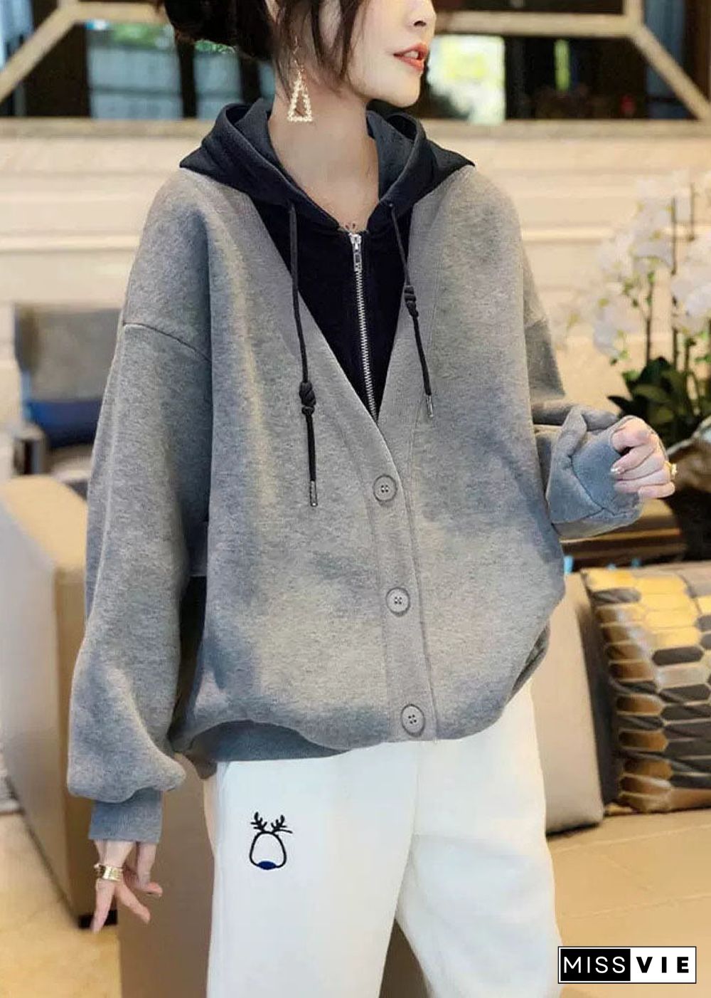 Classy Grey Patchwork Zippered Drawstring Sweatshirts Fall