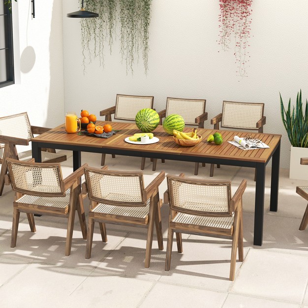 Acacia Wood Patio Table 8 person Outdoor Dining Table With Umbrella Hole