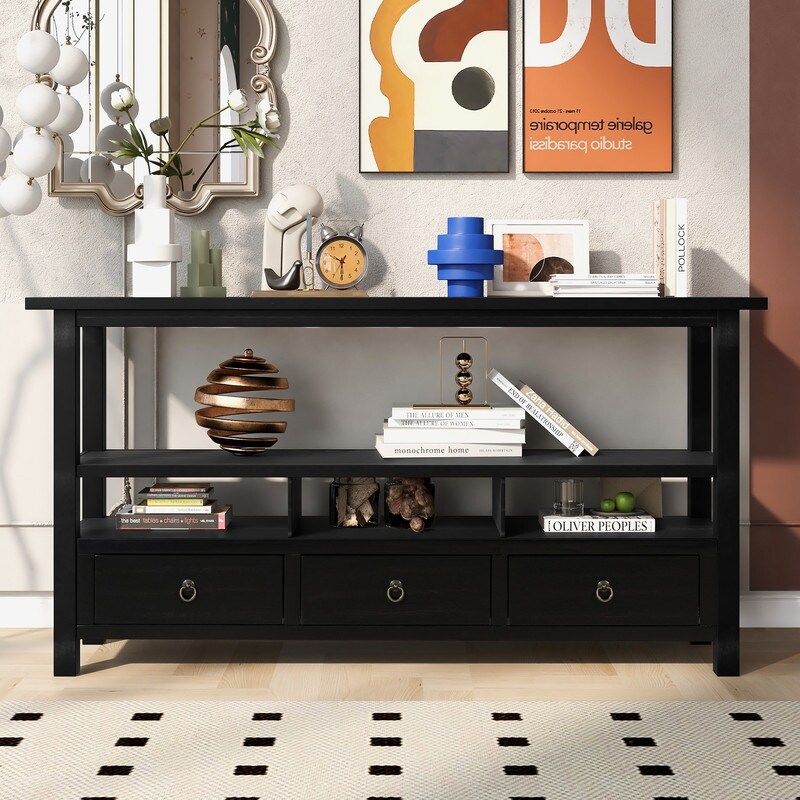 Rustic Solid Wood Console Table with 3 Drawers and 2 Shelves