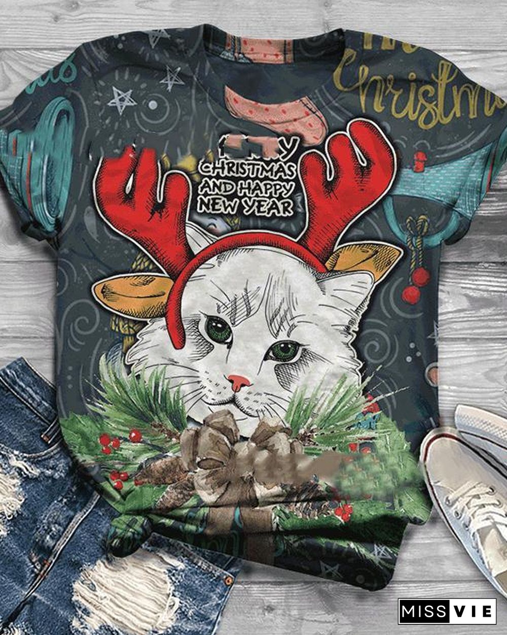 Women Print Casual Christmas Short Sleeve T-shirt