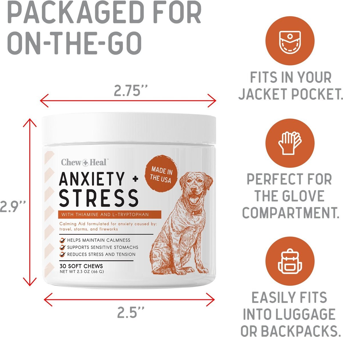 Chew + Heal Travel-Sized Anxiety and Stress Soft Chews Dog Supplement， 120 count