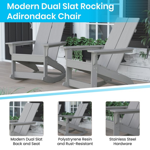 Flash Furniture Set Of 2 Finn Modern Commercial Grade All weather 2 slat Poly Resin Rocking Adirondack Chairs With Side Table