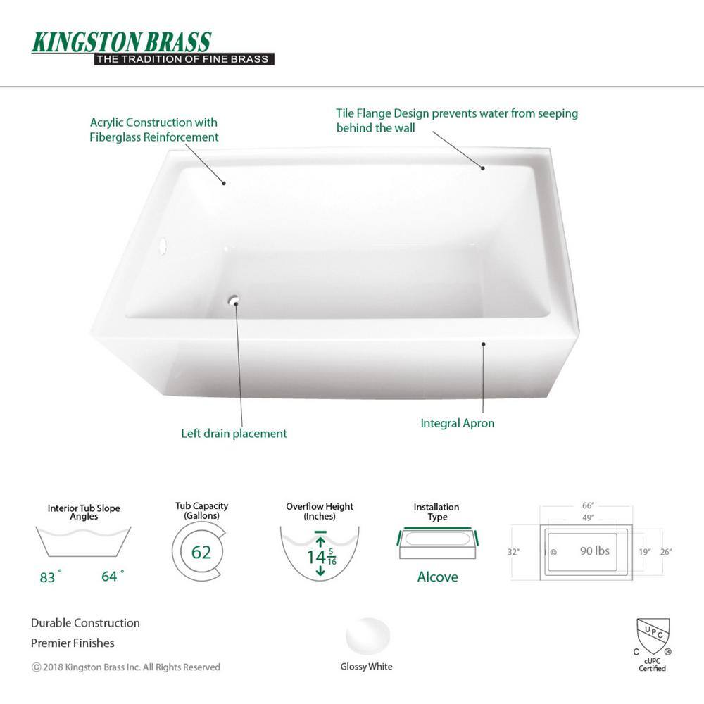 Kingston Brass Aqua Eden Sarah 66 in. Acrylic Left-Hand Drain Rectangular Alcove Bathtub in White HHVTAP663222L