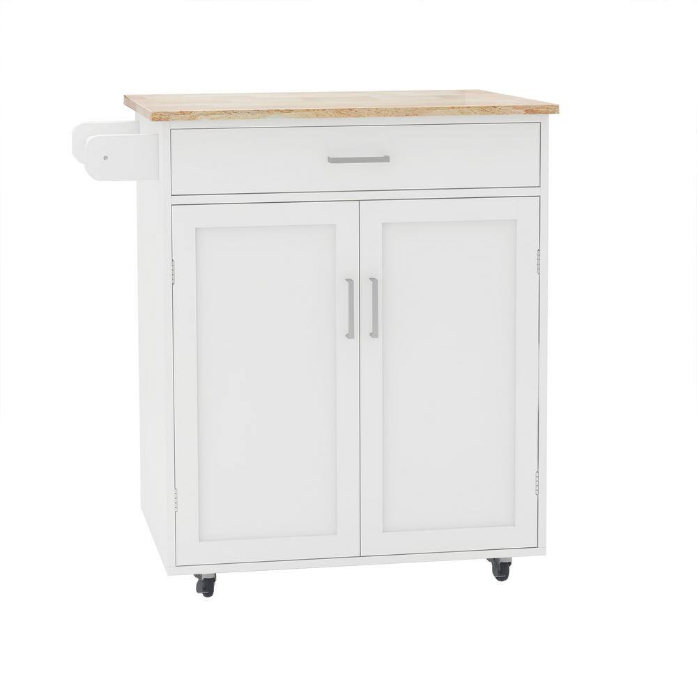 Modern White Kitchen Island Rolling Trolley Cart with Brakes Towel Rack and Rubber Wood Table Top Alloy Door Handle ZY-W28235386